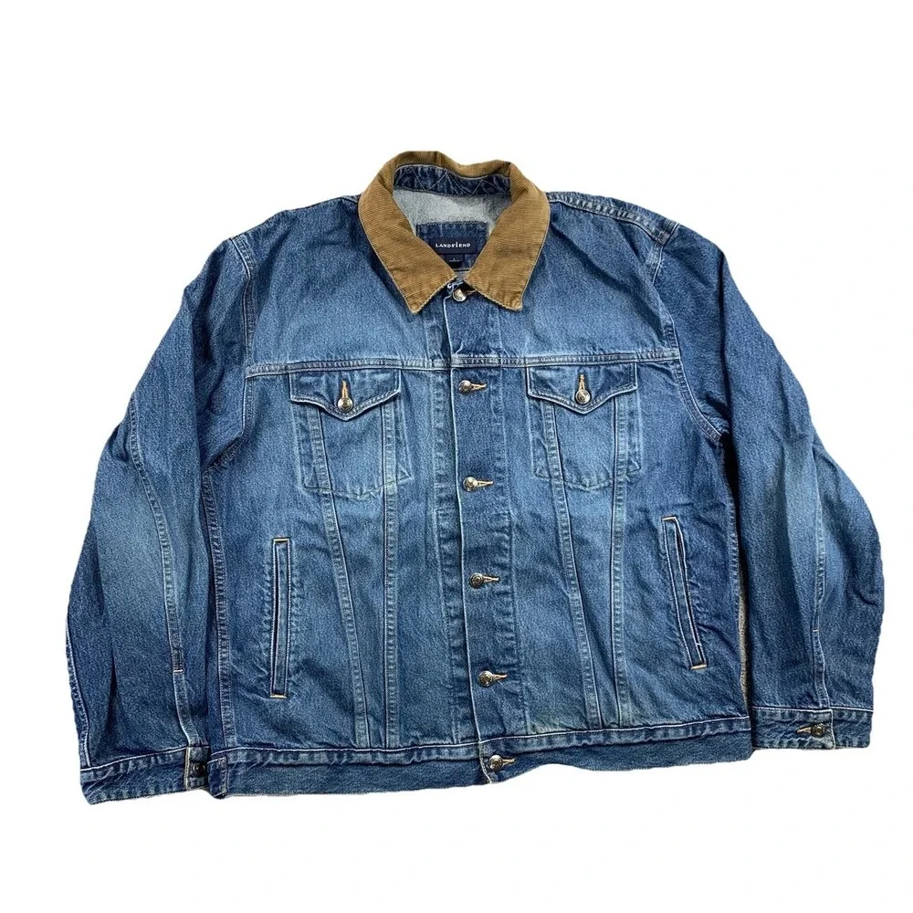 Lands' End Denim Trucker Jacket Men's Large Corduroy Collar Blue Cotton Ranch